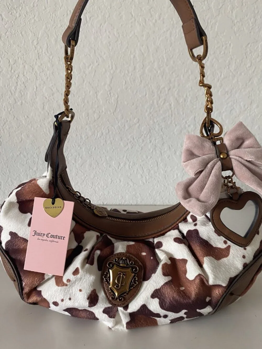 Juicy Couture‎ Romance Cow Print Hobo Coho Bag Saddle White W/Charm Viral NEW